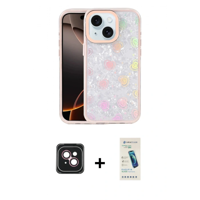 MARSİLYAN™- iPhone 14 Kılıf Odak Prime - Şeffaf Pasifik Cam Ekran Koruyucu + PVD Metal Kamera Lens - PE