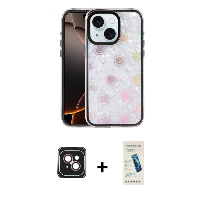 MARSİLYAN™- iPhone 14 Kılıf Odak Prime - Şeffaf Pasifik Cam Ekran Koruyucu + PVD Metal Kamera Lens - PE