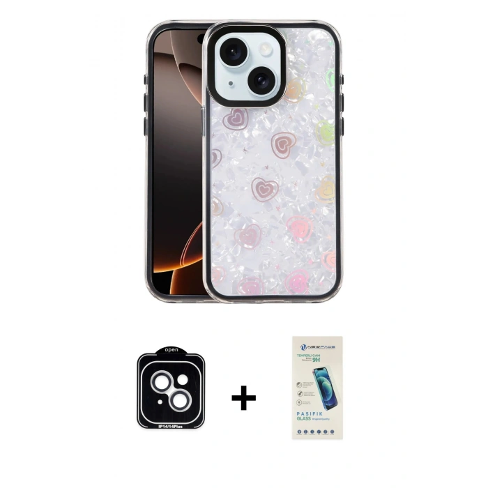 MARSİLYAN™- iPhone 14 Kılıf Odak Prime - Şeffaf Pasifik Cam Ekran Koruyucu + PVD Metal Kamera Lens - GS
