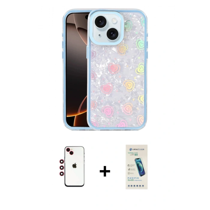 MARSİLYAN™- iPhone 14 Kılıf Odak Prime - Şeffaf Pasifik Cam Ekran Koruyucu + Shine Kamera Lens - KI