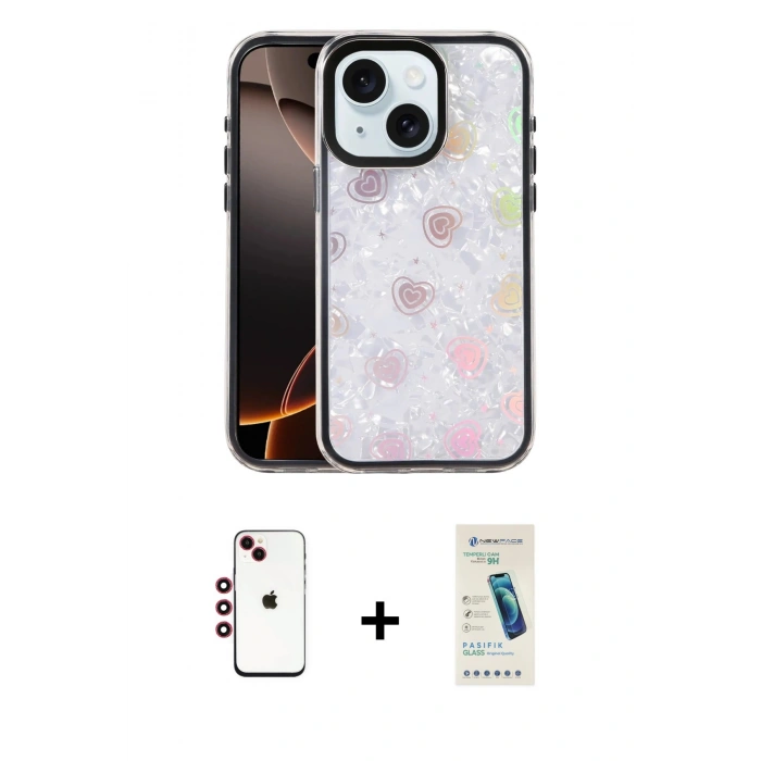 MARSİLYAN™- iPhone 14 Kılıf Odak Prime - Şeffaf Pasifik Cam Ekran Koruyucu + Shine Kamera Lens - KI