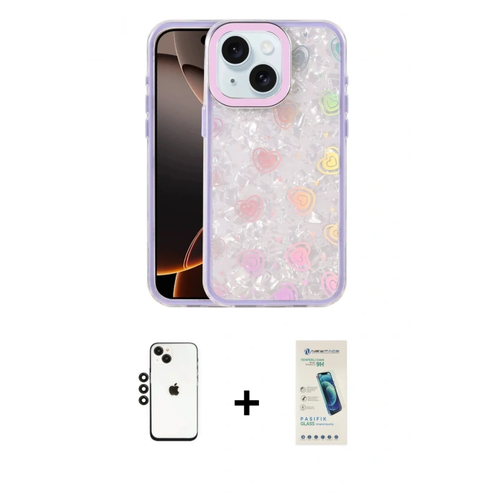 MARSİLYAN™- iPhone 14 Kılıf Odak Prime - Şeffaf Pasifik Cam Ekran Koruyucu + Shine Kamera Lens - SH