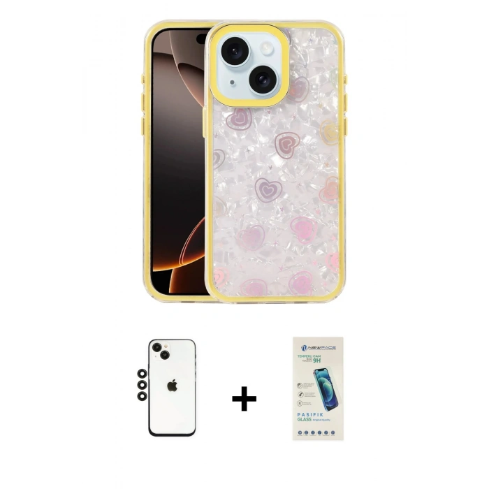 MARSİLYAN™- iPhone 14 Kılıf Odak Prime - Şeffaf Pasifik Cam Ekran Koruyucu + Shine Kamera Lens - SH