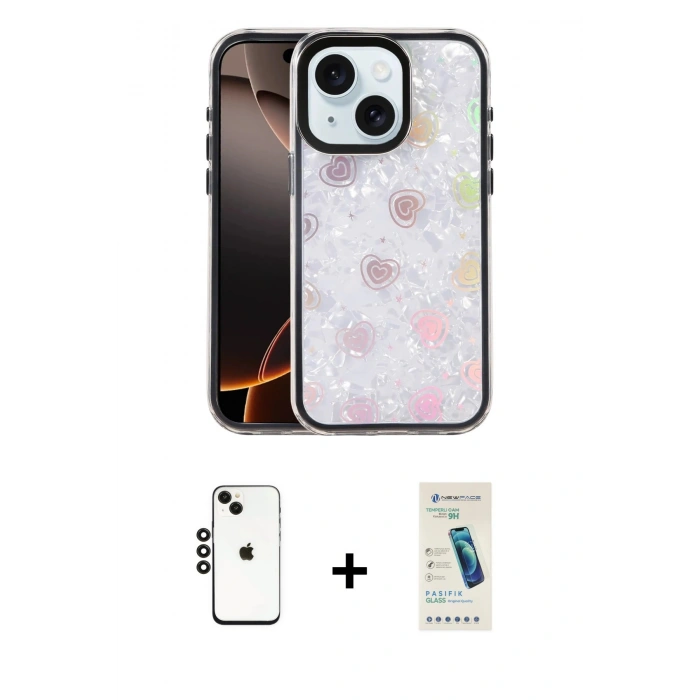 MARSİLYAN™- iPhone 14 Kılıf Odak Prime - Şeffaf Pasifik Cam Ekran Koruyucu + Shine Kamera Lens - SH