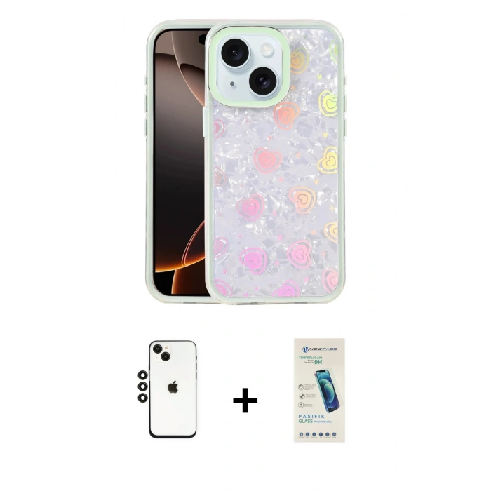 MARSİLYAN™- iPhone 14 Kılıf Odak Prime - Şeffaf Pasifik Cam Ekran Koruyucu + Shine Kamera Lens - SH