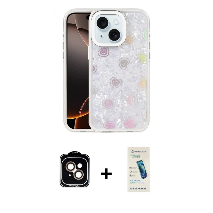 MARSİLYAN™- iPhone 14 Kılıf Odak Prime - Şeffaf Pasifik Cam Ekran Koruyucu + PVD Metal Kamera Lens - TU