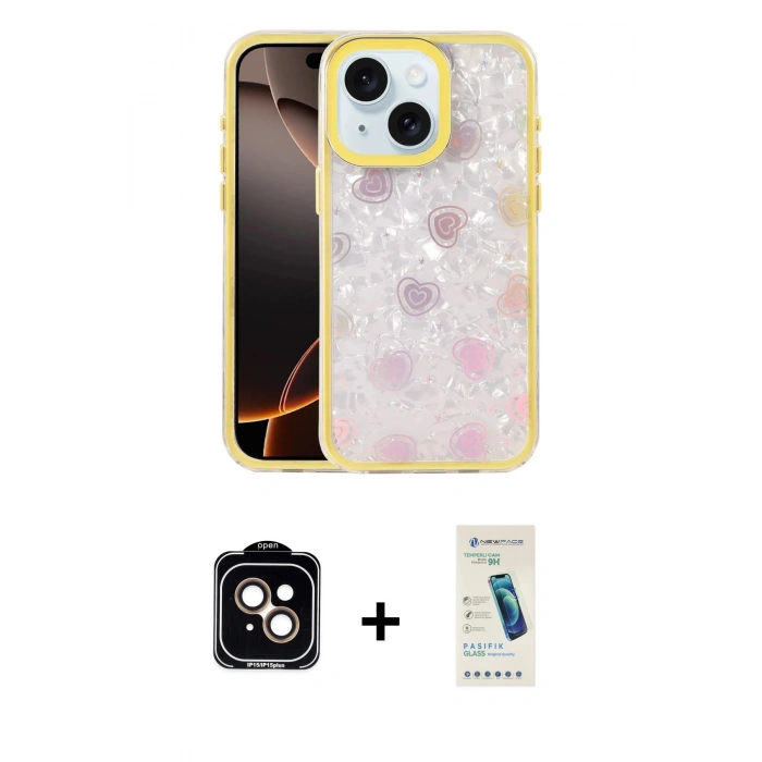 MARSİLYAN™- iPhone 14 Kılıf Odak Prime - Şeffaf Pasifik Cam Ekran Koruyucu + PVD Metal Kamera Lens - TU