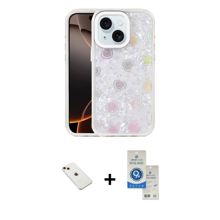 MARSİLYAN™- iPhone 14 Kılıf Odak Prime - Şeffaf Royal Nano Ekran Koruyucu + Diamond Kamera Lens - KI
