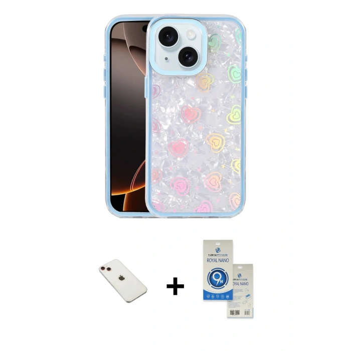 MARSİLYAN™- iPhone 14 Kılıf Odak Prime - Şeffaf Royal Nano Ekran Koruyucu + Diamond Kamera Lens - KI