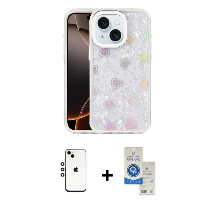 MARSİLYAN™- iPhone 14 Kılıf Odak Prime - Şeffaf Royal Nano Ekran Koruyucu + Shine Kamera Lens - GS