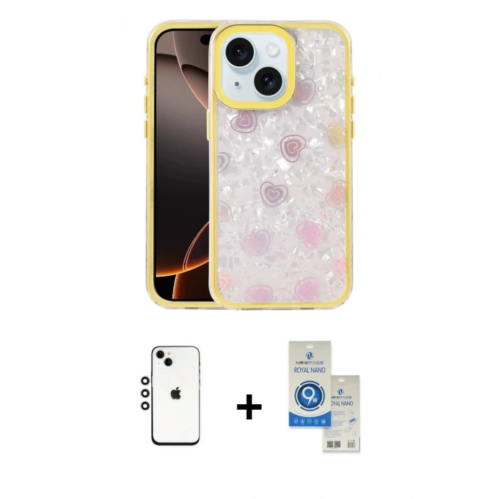 MARSİLYAN™- iPhone 14 Kılıf Odak Prime - Şeffaf Royal Nano Ekran Koruyucu + Shine Kamera Lens - GS