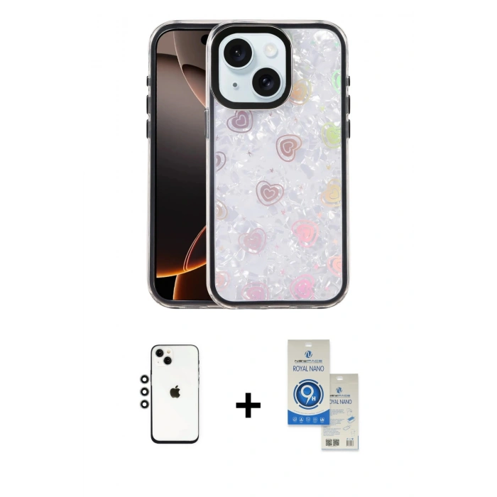 MARSİLYAN™- iPhone 14 Kılıf Odak Prime - Şeffaf Royal Nano Ekran Koruyucu + Shine Kamera Lens - GS