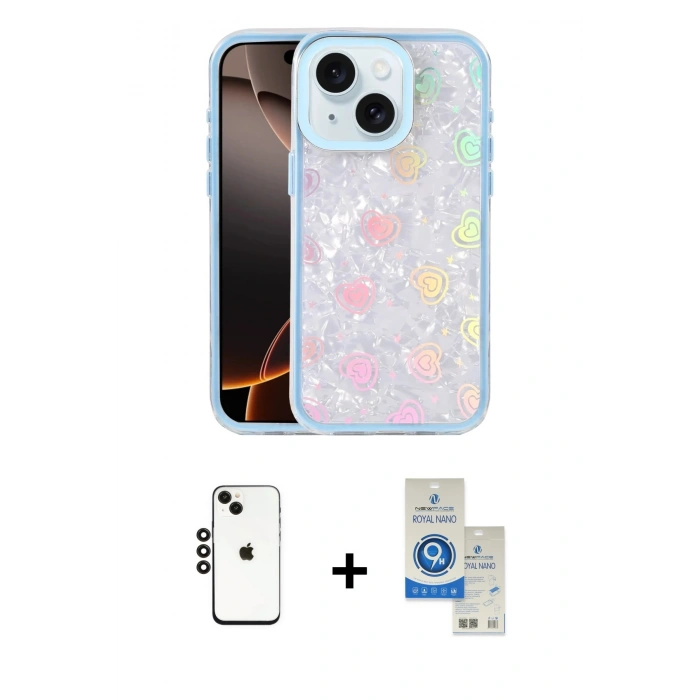 MARSİLYAN™- iPhone 14 Kılıf Odak Prime - Şeffaf Royal Nano Ekran Koruyucu + Shine Kamera Lens - SH