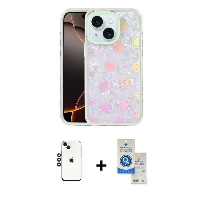 MARSİLYAN™- iPhone 14 Kılıf Odak Prime - Şeffaf Royal Nano Ekran Koruyucu + Shine Kamera Lens - SH