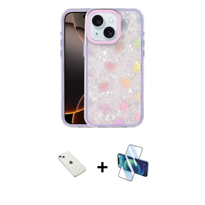 MARSİLYAN™- iPhone 14 Kılıf Odak Prime - Siyah 3D Antistatik Cam Ekran Koruyucu + Pembe Diamond Kamera Lens