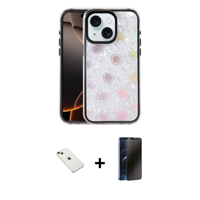 MARSİLYAN™- iPhone 14 Kılıf Odak Prime - Siyah 3D Antistatik Hayalet Cam Ekran Koruyucu + Diamond Kamera Lens - KI