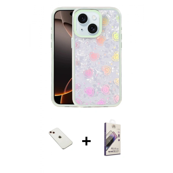 MARSİLYAN™- iPhone 14 Kılıf Odak Prime - Siyah Bilvis 3D Mat Cam Ekran Koruyucu + Diamond Kamera Lens - KI