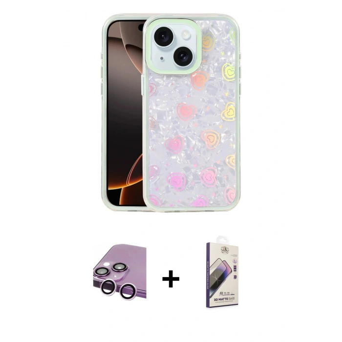 MARSİLYAN™- iPhone 14 Kılıf Odak Prime - Siyah Bilvis 3D Mat Cam Ekran Koruyucu + Mor Raze Metal Kamera Lens