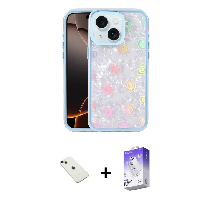 MARSİLYAN™- iPhone 14 Kılıf Odak Prime - Siyah Bilvis 5in1 3D Magic Cam Ekran Koruyucu + Diamond Kamera Lens - YL