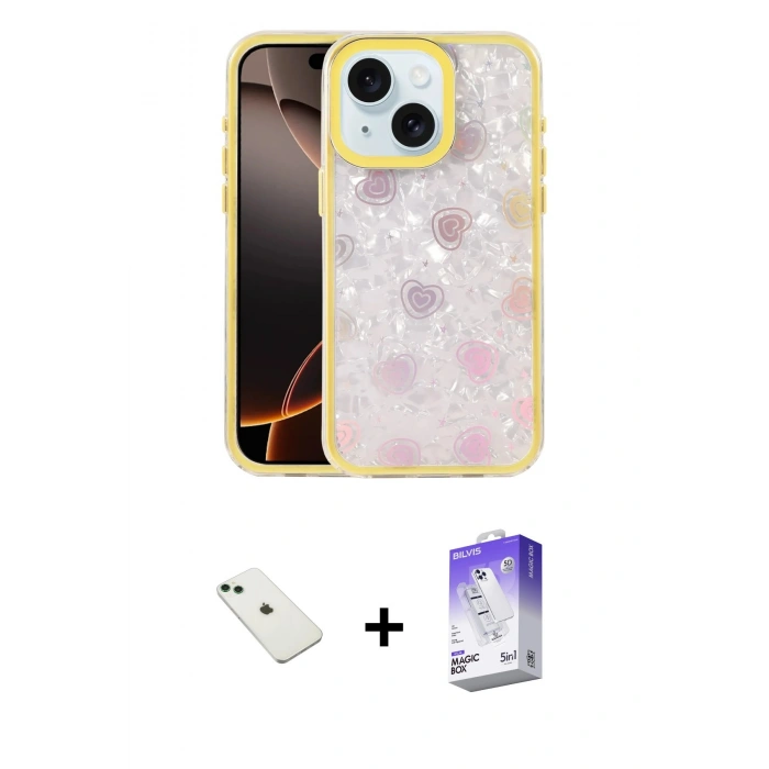 MARSİLYAN™- iPhone 14 Kılıf Odak Prime - Siyah Bilvis 5in1 3D Magic Cam Ekran Koruyucu + Diamond Kamera Lens - YL