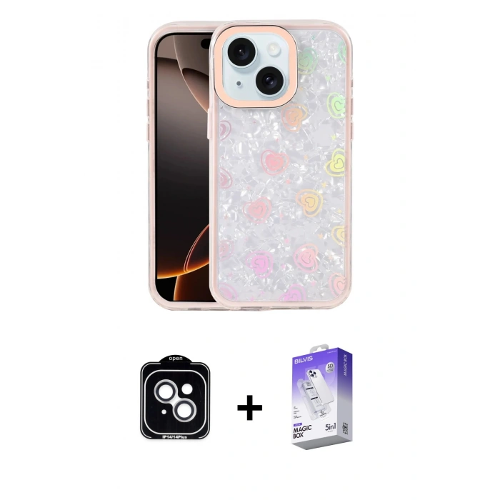 MARSİLYAN™- iPhone 14 Kılıf Odak Prime - Siyah Bilvis 5in1 3D Magic Cam Ekran Koruyucu + PVD Metal Kamera Lens - GS