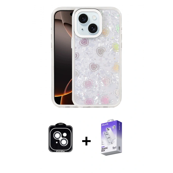 MARSİLYAN™- iPhone 14 Kılıf Odak Prime - Siyah Bilvis 5in1 3D Magic Cam Ekran Koruyucu + PVD Metal Kamera Lens - GS