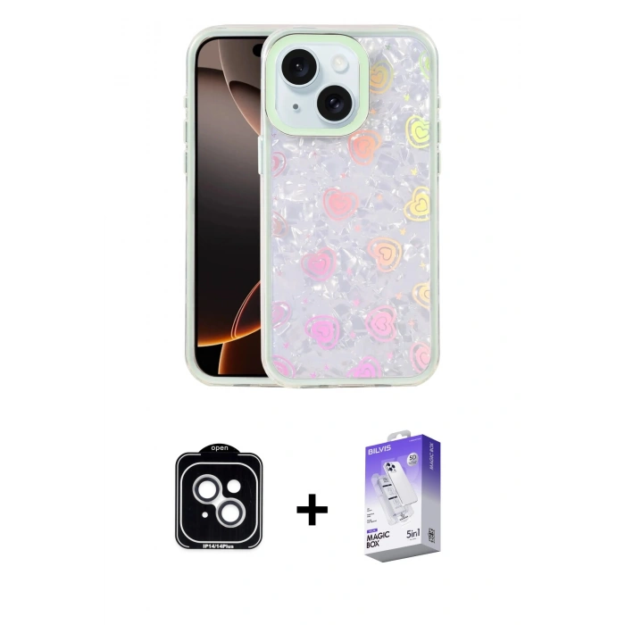 MARSİLYAN™- iPhone 14 Kılıf Odak Prime - Siyah Bilvis 5in1 3D Magic Cam Ekran Koruyucu + PVD Metal Kamera Lens - GS