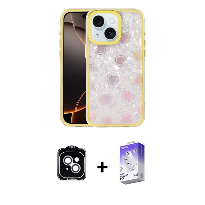 MARSİLYAN™- iPhone 14 Kılıf Odak Prime - Siyah Bilvis 5in1 3D Magic Cam Ekran Koruyucu + PVD Metal Kamera Lens - GS