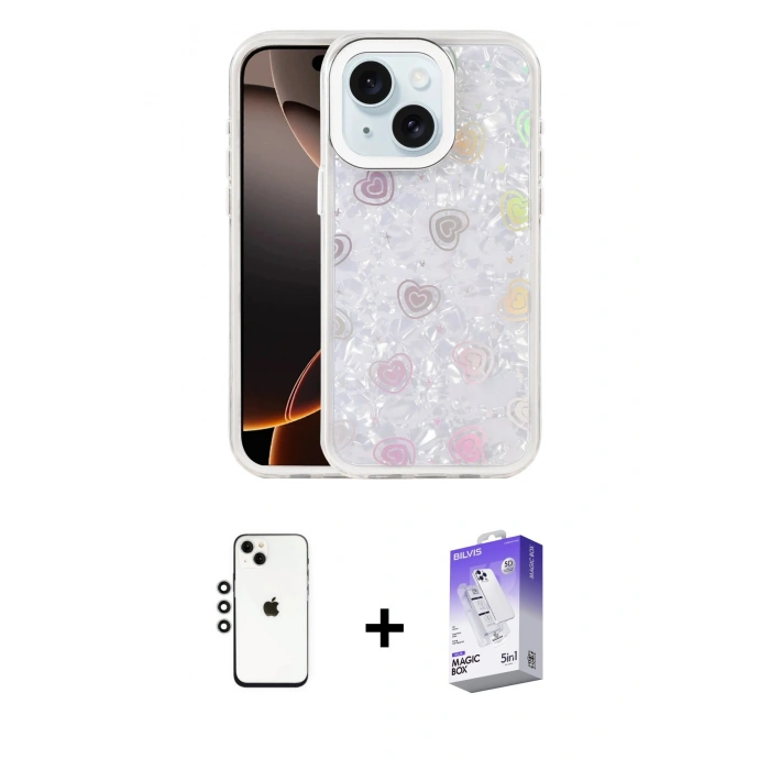 MARSİLYAN™- iPhone 14 Kılıf Odak Prime - Siyah Bilvis 5in1 3D Magic Cam Ekran Koruyucu + Shine Kamera Lens - GS