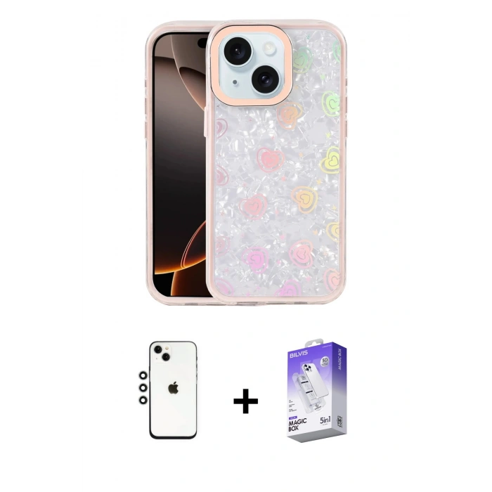 MARSİLYAN™- iPhone 14 Kılıf Odak Prime - Siyah Bilvis 5in1 3D Magic Cam Ekran Koruyucu + Shine Kamera Lens - GS