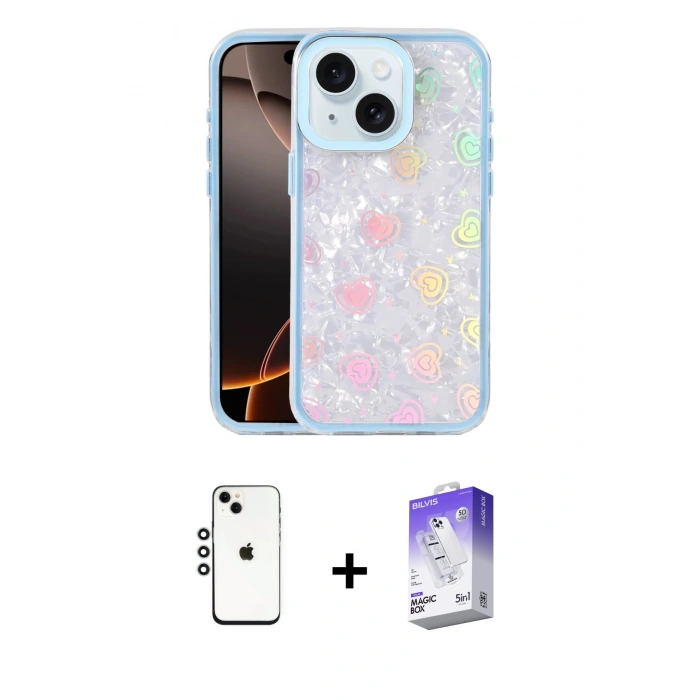 MARSİLYAN™- iPhone 14 Kılıf Odak Prime - Siyah Bilvis 5in1 3D Magic Cam Ekran Koruyucu + Shine Kamera Lens - GS