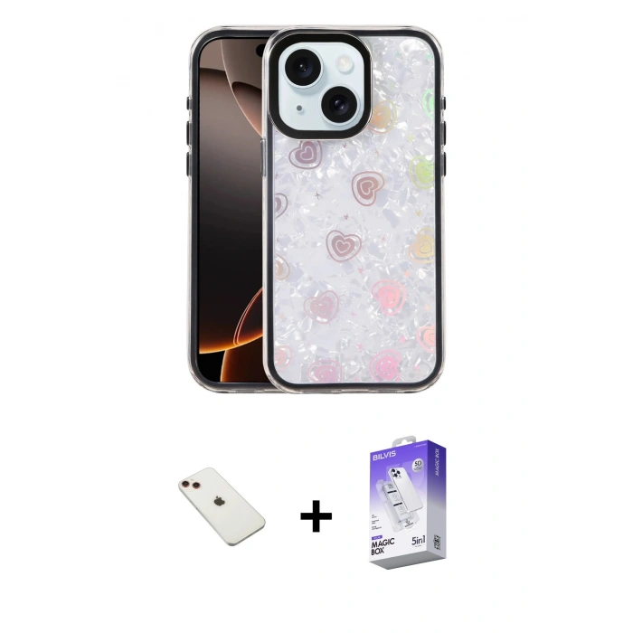 MARSİLYAN™- iPhone 14 Kılıf Odak Prime - Siyah Bilvis 5in1 3D Magic Cam Ekran Koruyucu + Diamond Kamera Lens - KI