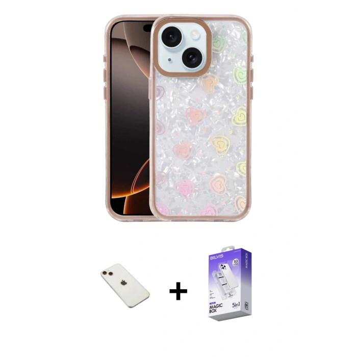 MARSİLYAN™- iPhone 14 Kılıf Odak Prime - Siyah Bilvis 5in1 3D Magic Cam Ekran Koruyucu + Diamond Kamera Lens - KI