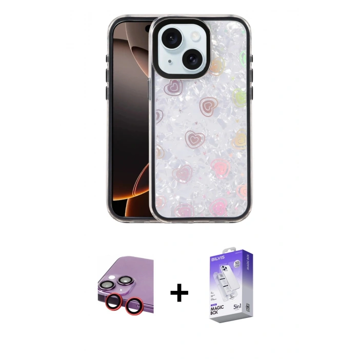 MARSİLYAN™- iPhone 14 Kılıf Odak Prime - Siyah Bilvis 5in1 3D Magic Cam Ekran Koruyucu + Raze Metal Kamera Lens - KI