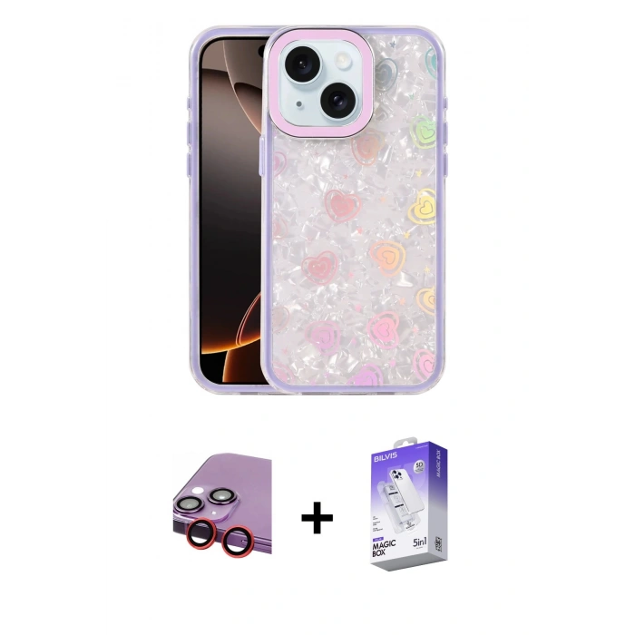 MARSİLYAN™- iPhone 14 Kılıf Odak Prime - Siyah Bilvis 5in1 3D Magic Cam Ekran Koruyucu + Raze Metal Kamera Lens - KI