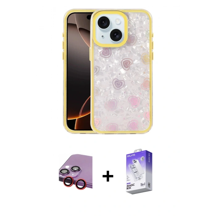 MARSİLYAN™- iPhone 14 Kılıf Odak Prime - Siyah Bilvis 5in1 3D Magic Cam Ekran Koruyucu + Raze Metal Kamera Lens - KI