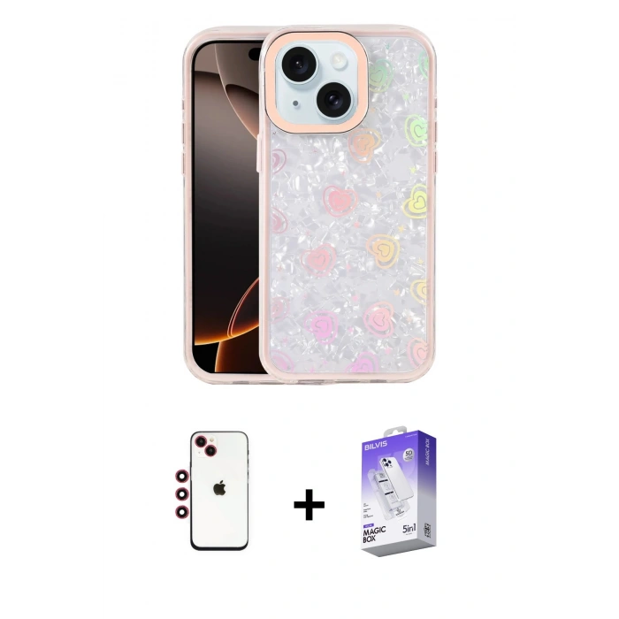 MARSİLYAN™- iPhone 14 Kılıf Odak Prime - Siyah Bilvis 5in1 3D Magic Cam Ekran Koruyucu + Shine Kamera Lens - KI