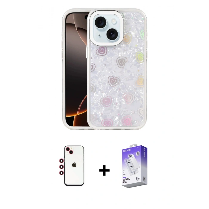 MARSİLYAN™- iPhone 14 Kılıf Odak Prime - Siyah Bilvis 5in1 3D Magic Cam Ekran Koruyucu + Shine Kamera Lens - KI