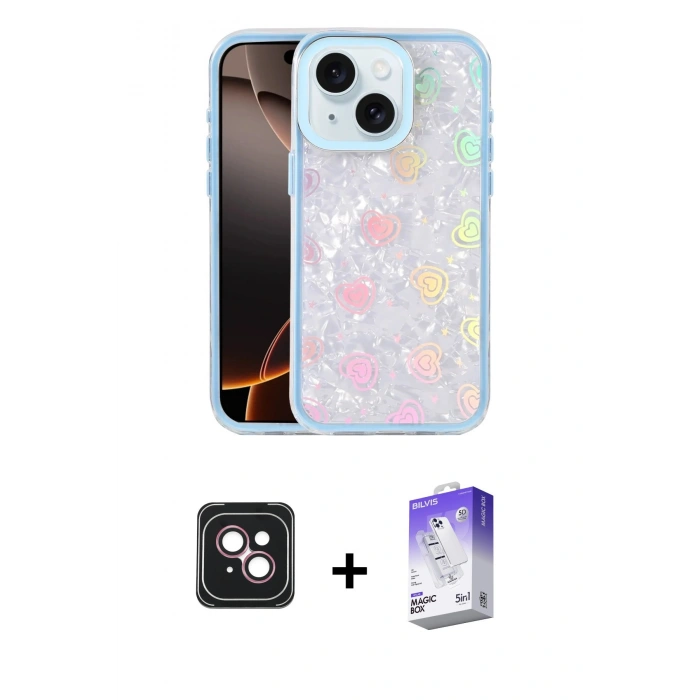 MARSİLYAN™- iPhone 14 Kılıf Odak Prime - Siyah Bilvis 5in1 3D Magic Cam Ekran Koruyucu + PVD Metal Kamera Lens - PE