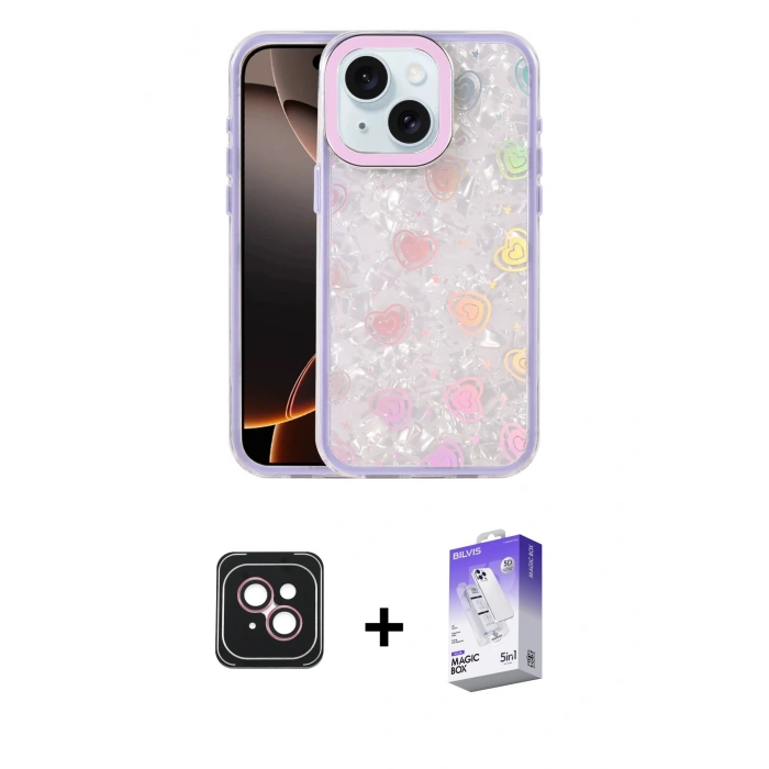 MARSİLYAN™- iPhone 14 Kılıf Odak Prime - Siyah Bilvis 5in1 3D Magic Cam Ekran Koruyucu + PVD Metal Kamera Lens - PE