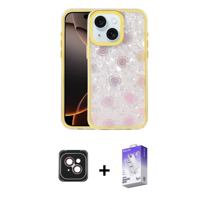 MARSİLYAN™- iPhone 14 Kılıf Odak Prime - Siyah Bilvis 5in1 3D Magic Cam Ekran Koruyucu + PVD Metal Kamera Lens - PE