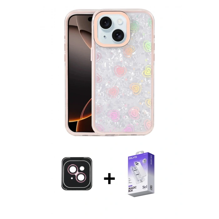 MARSİLYAN™- iPhone 14 Kılıf Odak Prime - Siyah Bilvis 5in1 3D Magic Cam Ekran Koruyucu + PVD Metal Kamera Lens - PE