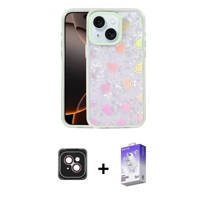 MARSİLYAN™- iPhone 14 Kılıf Odak Prime - Siyah Bilvis 5in1 3D Magic Cam Ekran Koruyucu + PVD Metal Kamera Lens - PE