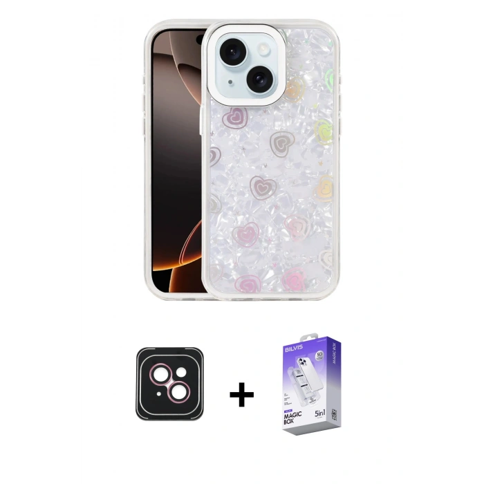 MARSİLYAN™- iPhone 14 Kılıf Odak Prime - Siyah Bilvis 5in1 3D Magic Cam Ekran Koruyucu + PVD Metal Kamera Lens - PE