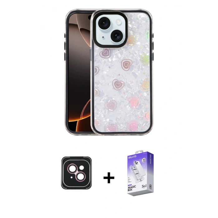MARSİLYAN™- iPhone 14 Kılıf Odak Prime - Siyah Bilvis 5in1 3D Magic Cam Ekran Koruyucu + PVD Metal Kamera Lens - PE
