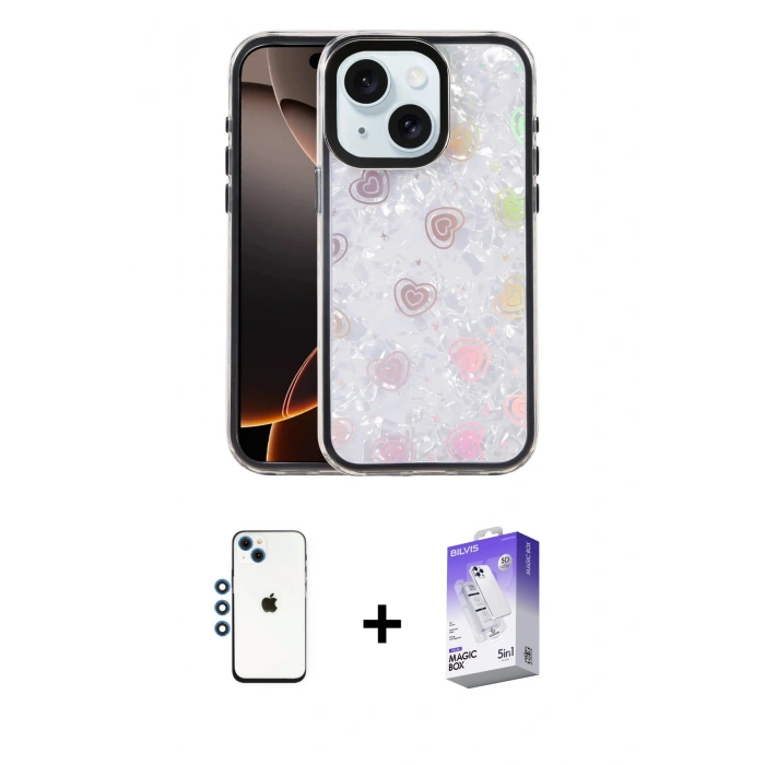 MARSİLYAN™- iPhone 14 Kılıf Odak Prime - Siyah Bilvis 5in1 3D Magic Cam Ekran Koruyucu + Shine Kamera Lens - MI