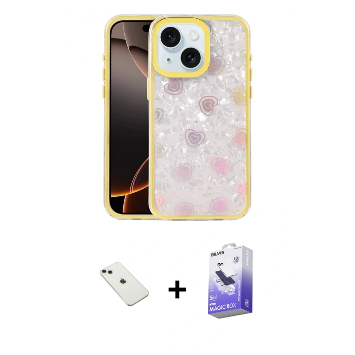 MARSİLYAN™- iPhone 14 Kılıf Odak Prime - Siyah Bilvis 5in1 5D Magic Hayalet Cam Ekran Koruyucu + Diamond Kamera Lens - YL
