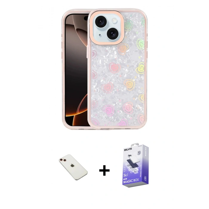 MARSİLYAN™- iPhone 14 Kılıf Odak Prime - Siyah Bilvis 5in1 5D Magic Hayalet Cam Ekran Koruyucu + Diamond Kamera Lens - KI