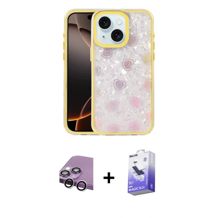 MARSİLYAN™- iPhone 14 Kılıf Odak Prime - Siyah Bilvis 5in1 5D Magic Hayalet Cam Ekran Koruyucu + Raze Metal Kamera Lens - GS