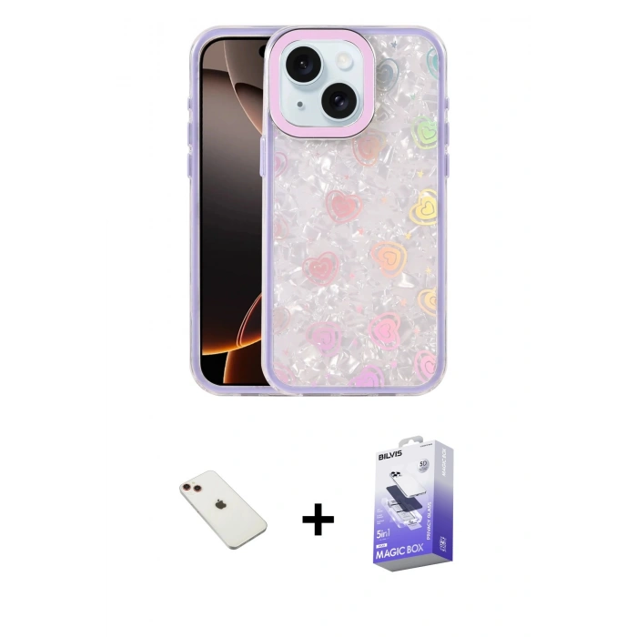 MARSİLYAN™- iPhone 14 Kılıf Odak Prime - Siyah Bilvis 5in1 5D Magic Hayalet Cam Ekran Koruyucu + Diamond Kamera Lens - KI
